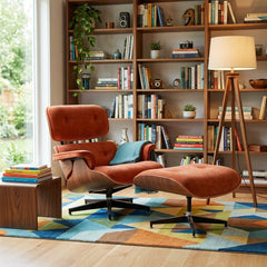 Burnside Lounge Chair and Ottoman in Moss Rust styled in a warm Portland living room - Whats New Furniture