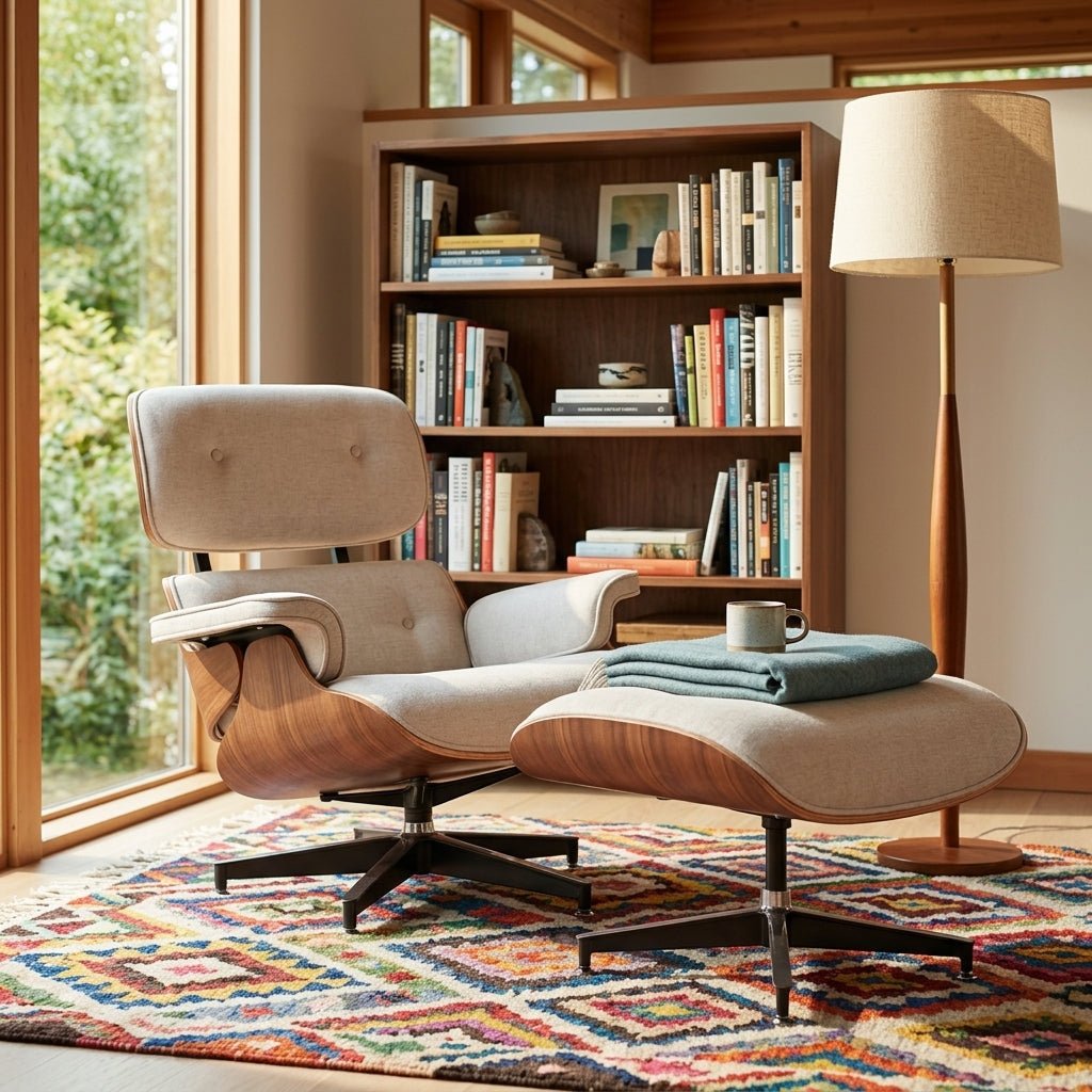Burnside Lounge Chair and Ottoman in Moss Sand styled in a bright Portland living room - Whats New Furniture