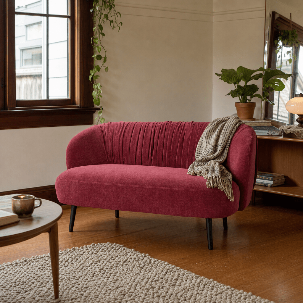 Cathedral Loveseat in Moss Red styled in a Portland home - Whats New Furniture