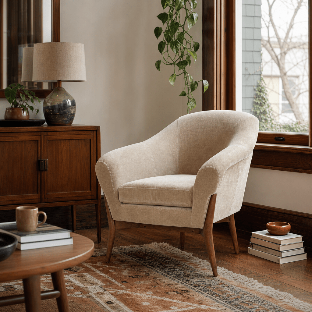 Chestnut Accent Chair in Moss Latte styled in a Portland living room - Whats New Furniture