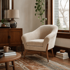Chestnut Accent Chair in Moss Latte styled in a Portland living room - Whats New Furniture