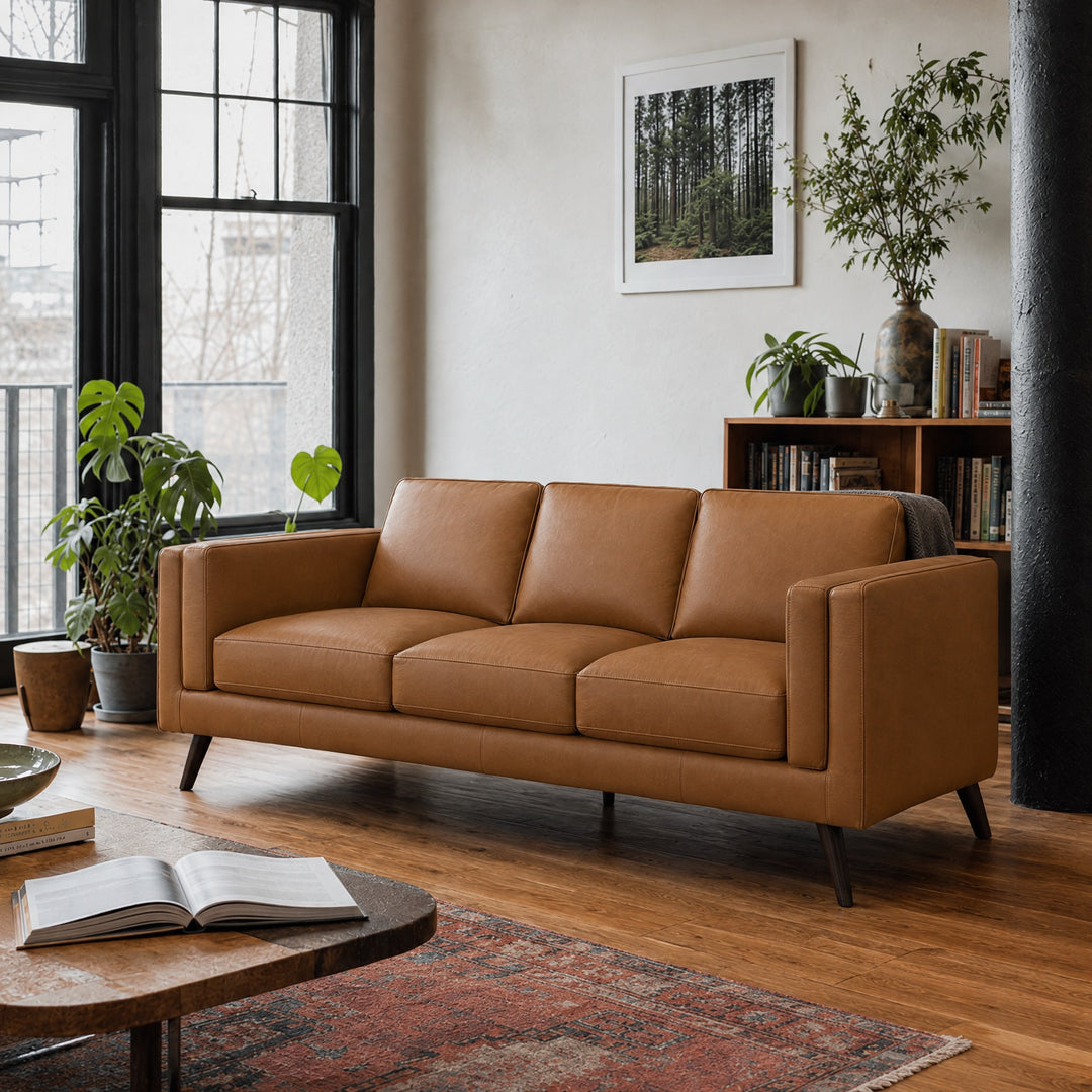 Eager Top-Grain Leather Sofa in camel styled in a Portland loft living room - What&