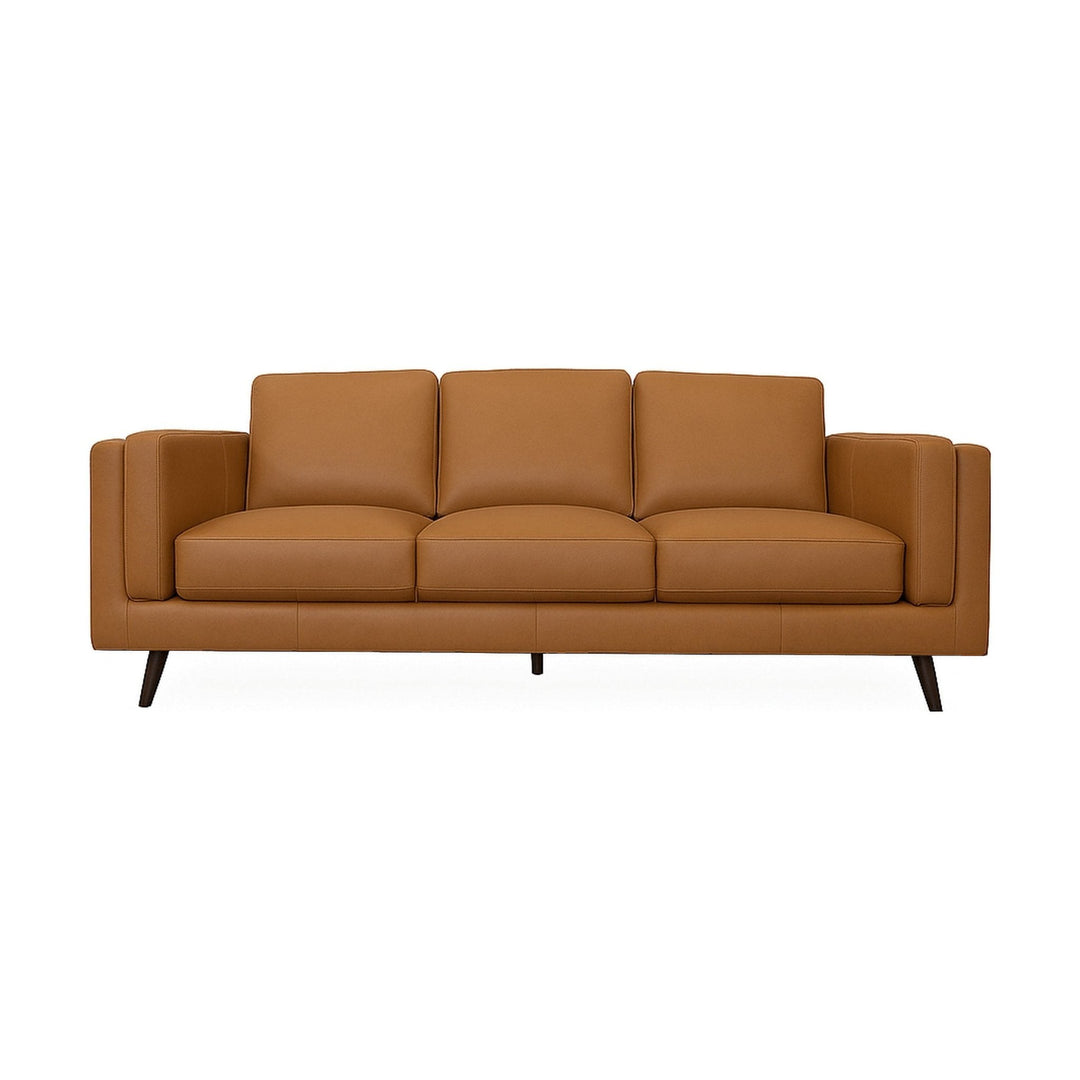Eager top-grain leather sofa in camel on a white studio background, side pillow attached to each arm - What's New Furniture Portland