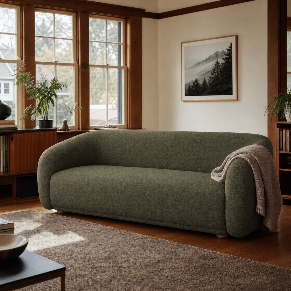 Finn 3-Seater Sofa in Pasha Army styled in a bright Portland mid-century modern living room - Whats New Furniture