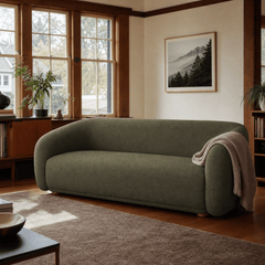 Finn 3-Seater Sofa in Pasha Army styled in a bright Portland mid-century modern living room - Whats New Furniture