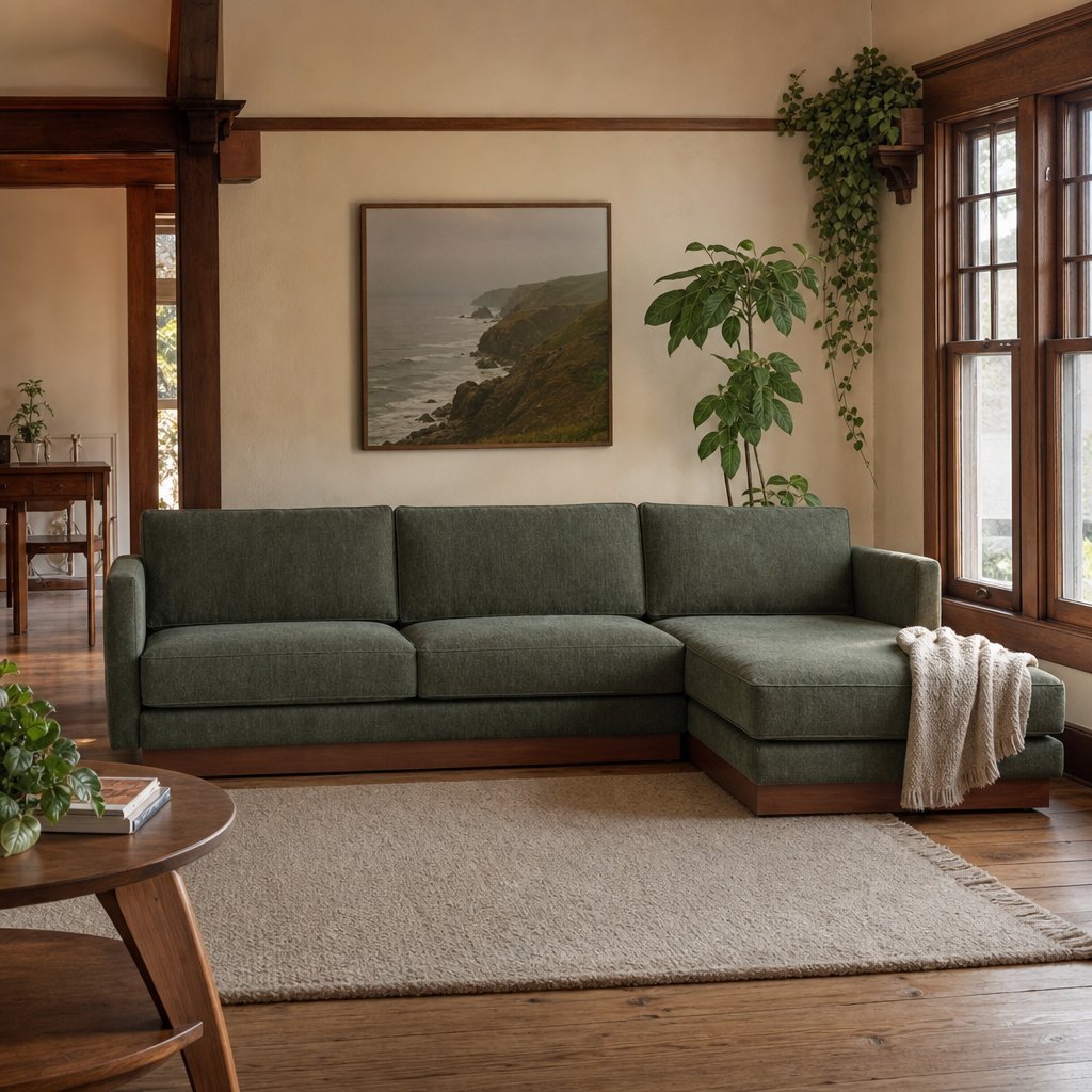 Highland Sectional in Canna Forest Green RHF styled in a Portland living room - Whats New Furniture