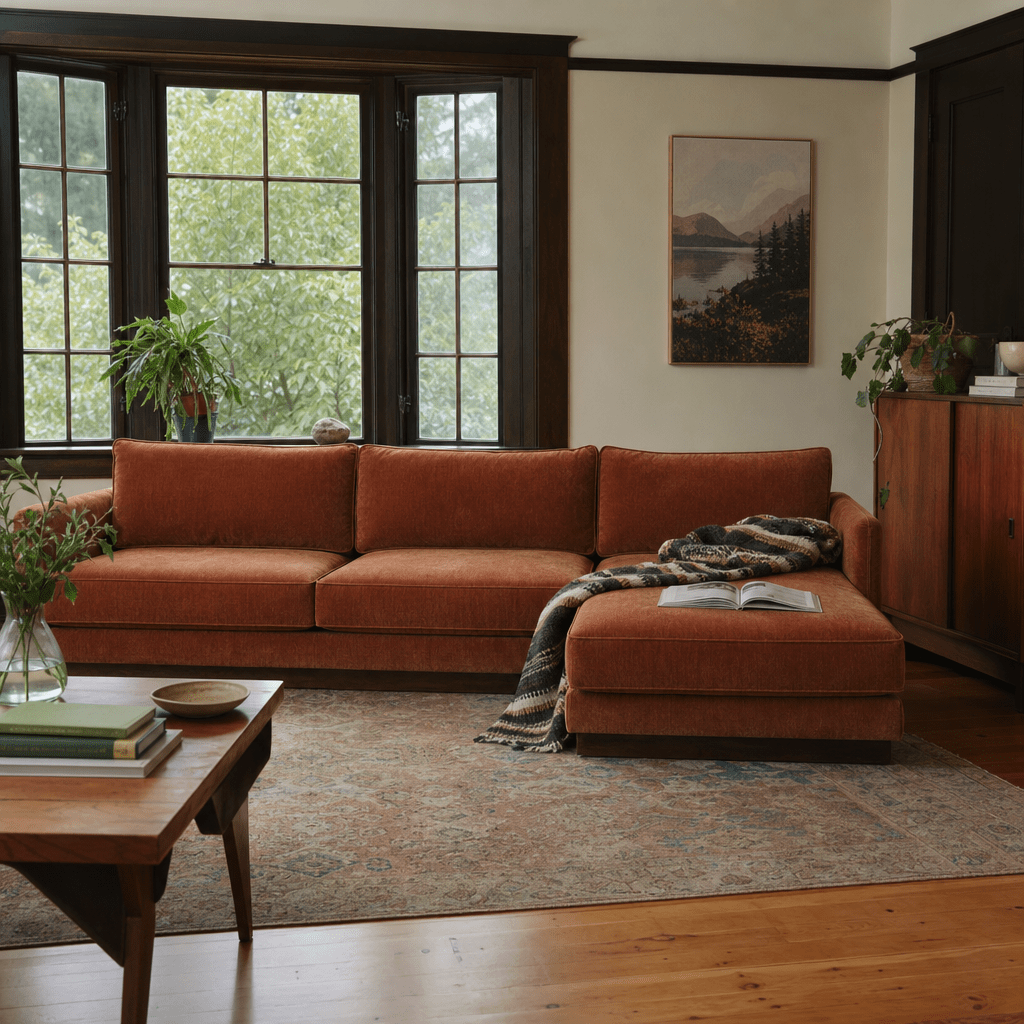 Highland Sectional in Moss Rust RHF styled in a Portland living room - Whats New Furniture
