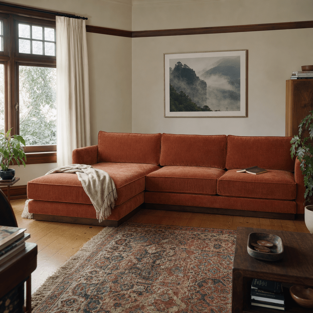 Highland Sectional in Moss Rust LHF styled in a Portland living room - Whats New Furniture