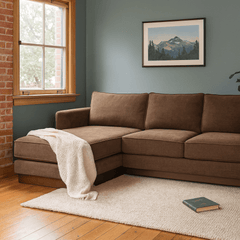 Highland Sectional in Nantes Brown LHF official lifestyle in a Portland living room - Whats New Furniture