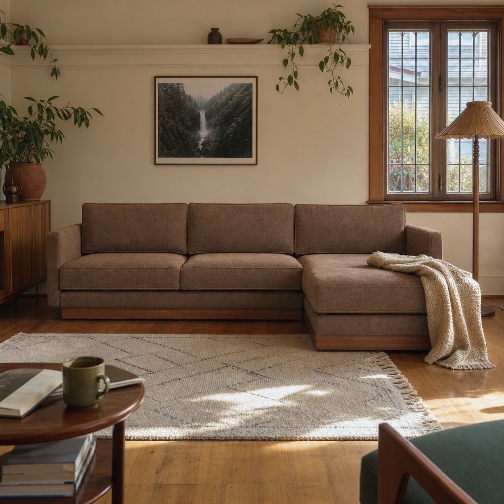 Highland Sectional in Nantes Brown RHF styled in a Portland living room - Whats New Furniture