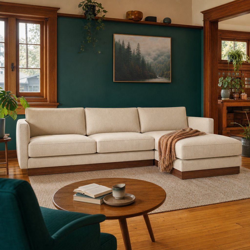 Highland Sectional in Vista Linen RHF styled in a Portland living room - Whats New Furniture