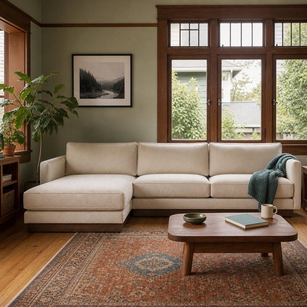 Highland Sectional in Vista Linen LHF styled in a Portland living room - Whats New Furniture