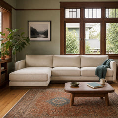 Highland Sectional in Vista Linen LHF styled in a Portland living room - Whats New Furniture