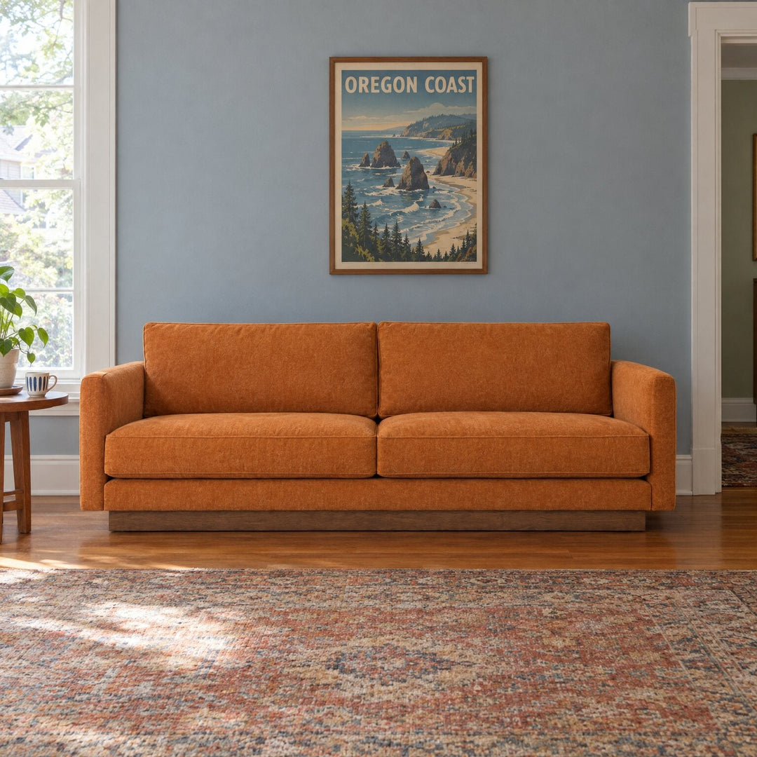 Highland Sofa in Canna Pumpkin in a styled Portland living room - Whats New Furniture Portland OR