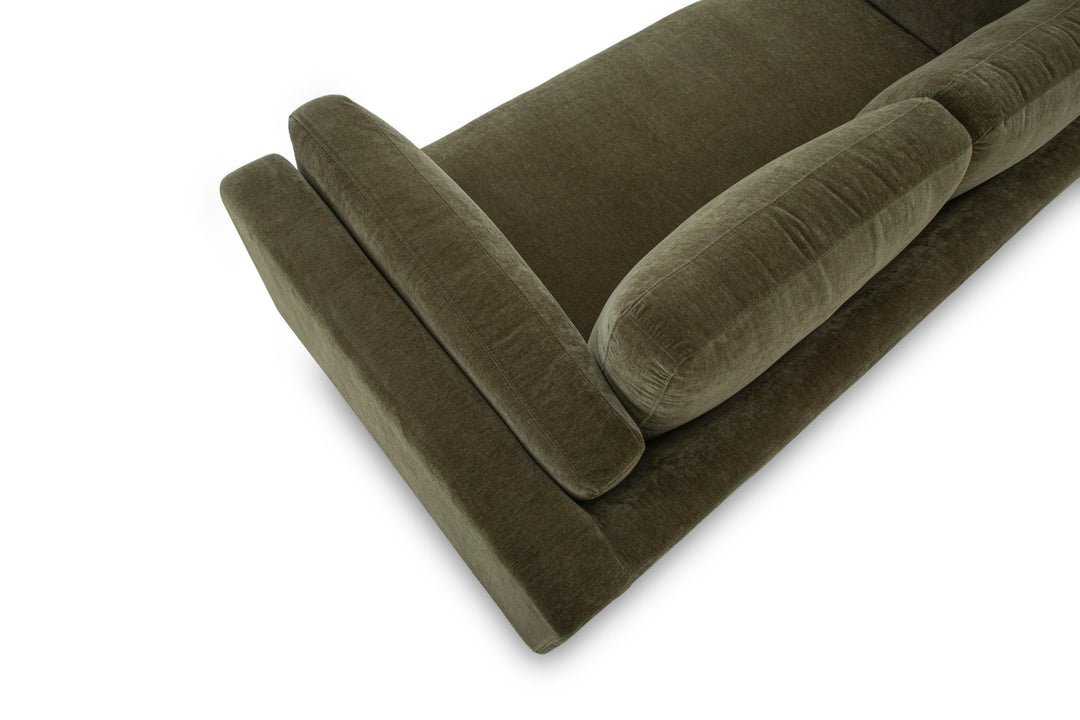 Lovejoy 2-Seater Sofa — stitching and fabric detail in Moss Olive Green recycled chenille — What&