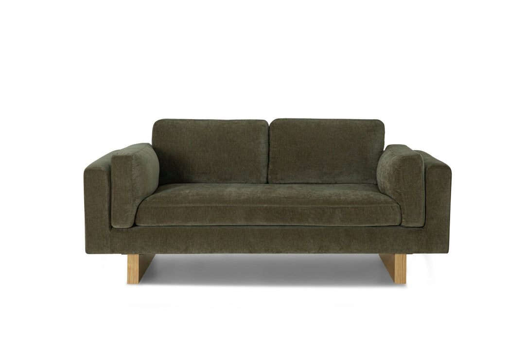 Lovejoy 2-Seater Sofa in Moss Olive Green recycled fabric, front view — Portland private-label loveseat — What&