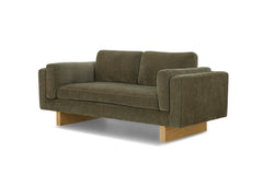 Lovejoy 2-Seater Sofa in Moss Olive Green, front three-quarter angle — modern loveseat with wood sled base — What&