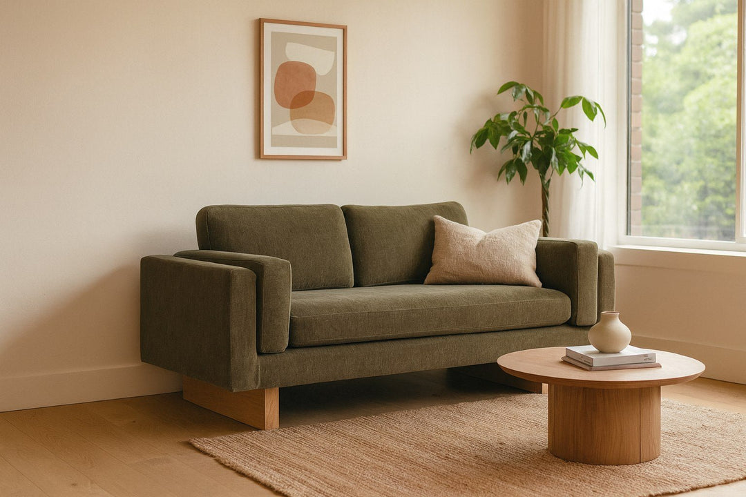 Lovejoy 2-Seater Sofa in Moss Olive Green styled in a Pacific Northwest living room — Portland private-label loveseat — What&