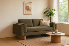 Lovejoy 2-Seater Sofa in Moss Olive Green styled in a Pacific Northwest living room — Portland private-label loveseat — What&
