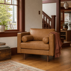 Macadam Leather Chair in Steamboat Camel styled in a Portland home - Whats New Furniture