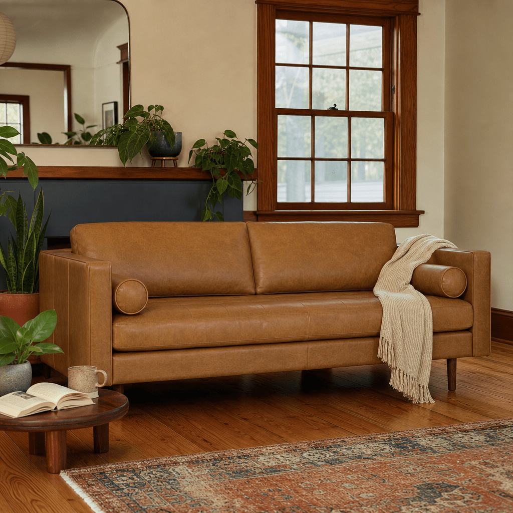 Macadam Leather Sofa in Steamboat Camel styled in a Portland home - Whats New Furniture