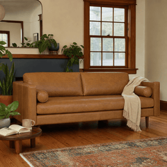 Macadam Leather Sofa in Steamboat Camel styled in a Portland home - Whats New Furniture