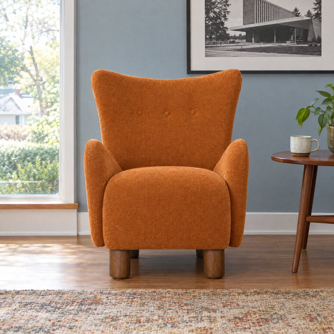 Monroe Accent Wing Chair in Canna Pumpkin in a styled Portland living room - Whats New Furniture Portland OR