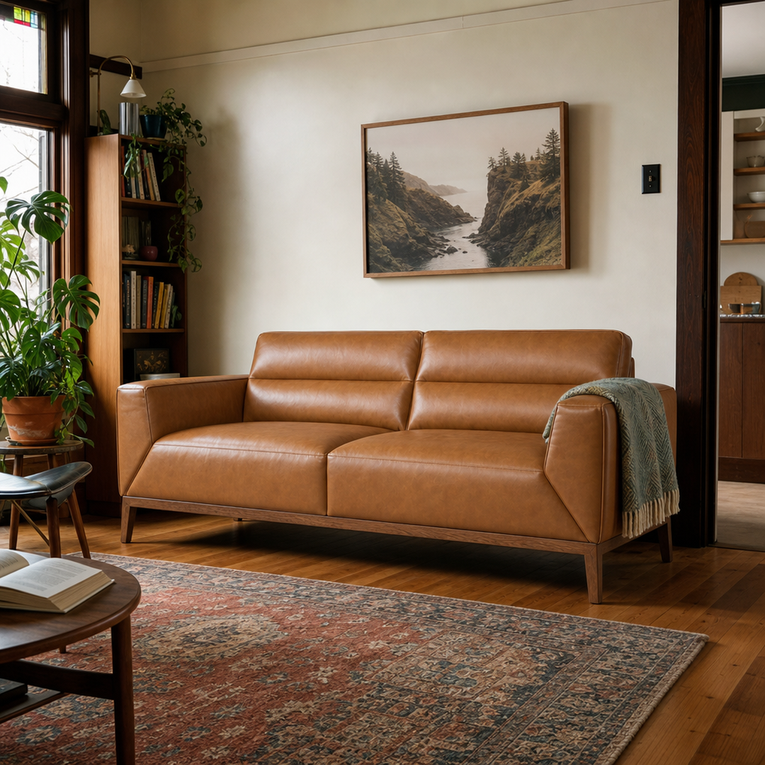 Oro Top-Grain Leather Sofa in camel styled in a Portland Craftsman living room - What’s New Furniture