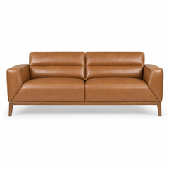 Oro top-grain leather sofa in camel on a white studio background - What’s New Furniture Portland