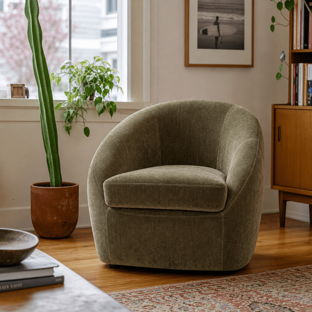 Roselawn Accent Chair in Moss Olive Green styled in a Portland home - Whats New Furniture