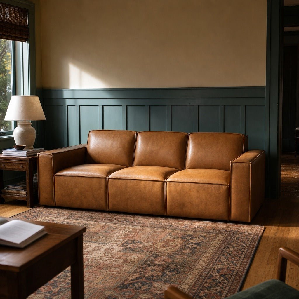 Solado Top-Grain Leather Sofa in Camel against blue-green paneling in a living room - Whats New Furniture