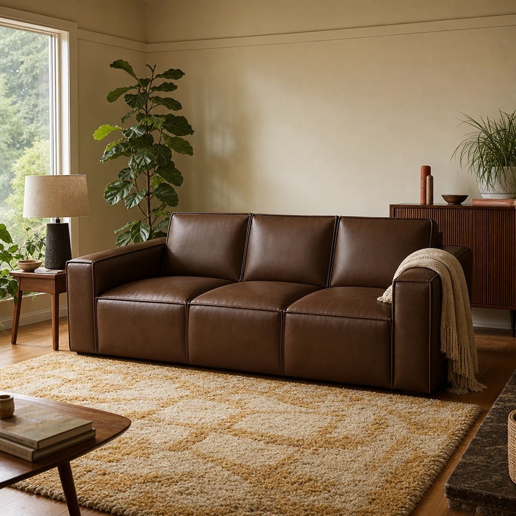 Solado Top-Grain Leather Sofa in Mahogany beside a console in a warm living room - Whats New Furniture