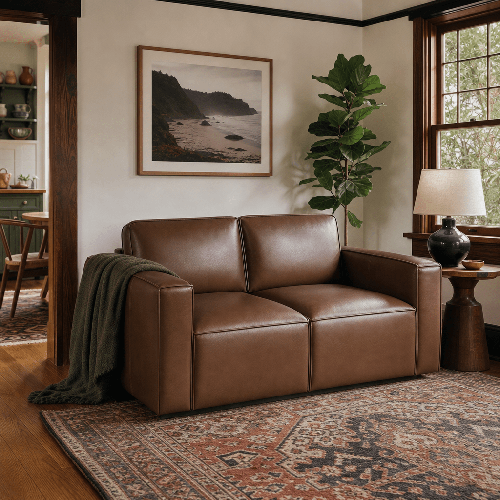 Solado Top-Grain Leather Loveseat in Mahogany styled in a Portland Craftsman living room - Whats New Furniture