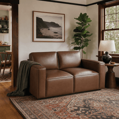 Solado Top-Grain Leather Loveseat in Mahogany styled in a Portland Craftsman living room - Whats New Furniture