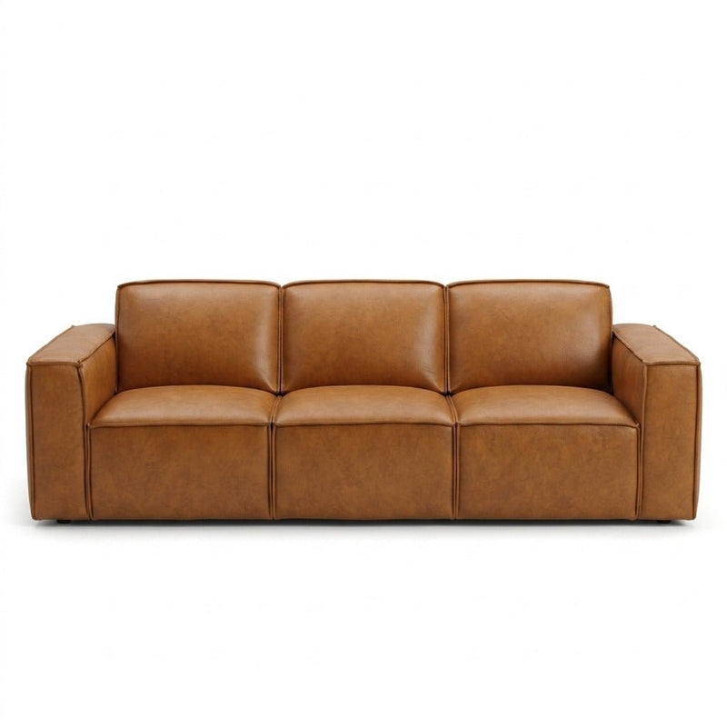 Solado camel top-grain leather sofa on white studio background - What's New Furniture Portland