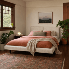 Tabor Queen Bed Frame in Oatmeal styled in a Portland home - Whats New Furniture