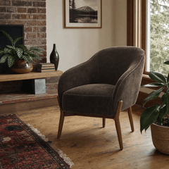 Cia Chair in Agnes Brown styled in a Portland living room - Whats New Furniture