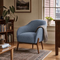 Cia Chair in Altro Dust Blue styled in a Portland living room - Whats New Furniture