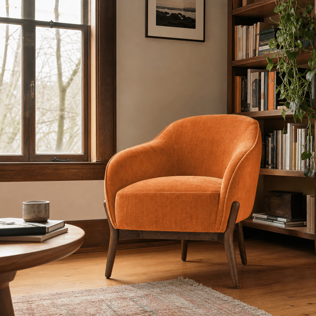 Cia Chair in Canna Pumpkin styled in a Portland living room - Whats New Furniture