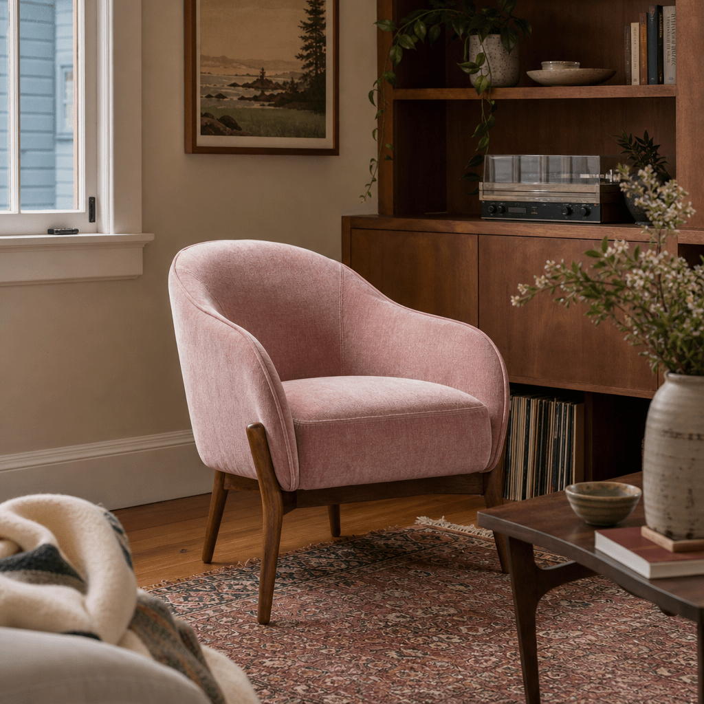 Cia Chair in Moss Old Rose styled in a Portland living room - Whats New Furniture