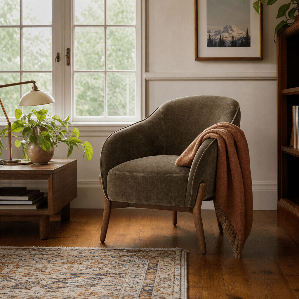 Cia Chair in Moss Olive Green styled in a Portland living room - Whats New Furniture