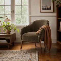 Cia Chair in Moss Olive Green styled in a Portland living room - Whats New Furniture