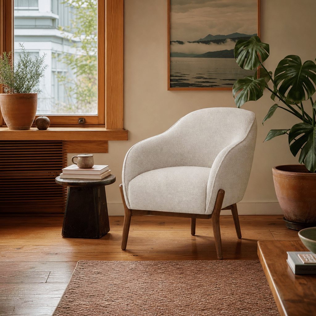 Cia Chair in Vista Linen styled in a Portland living room - Whats New Furniture