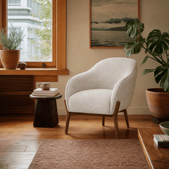 Cia Chair in Vista Linen styled in a Portland living room - Whats New Furniture