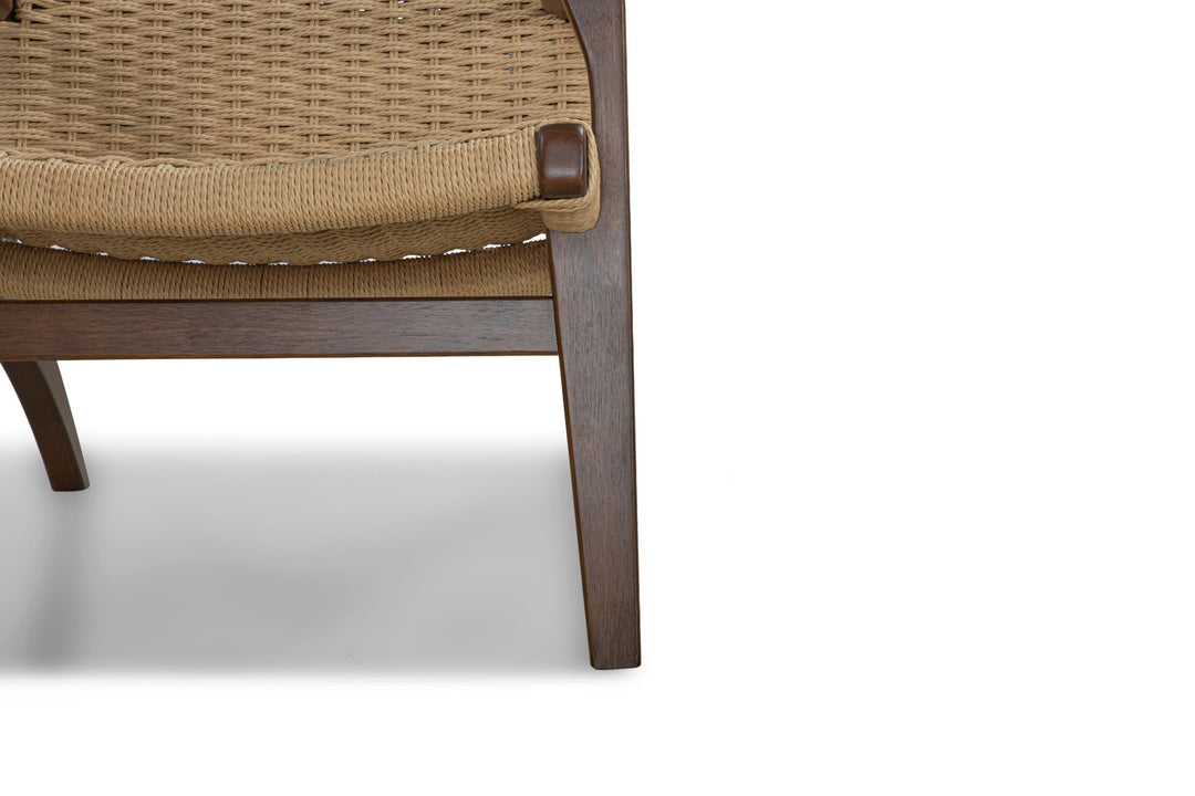 Drummond Accent Chair in walnut frame with woven danish cord — fabric and detail closeup — What&