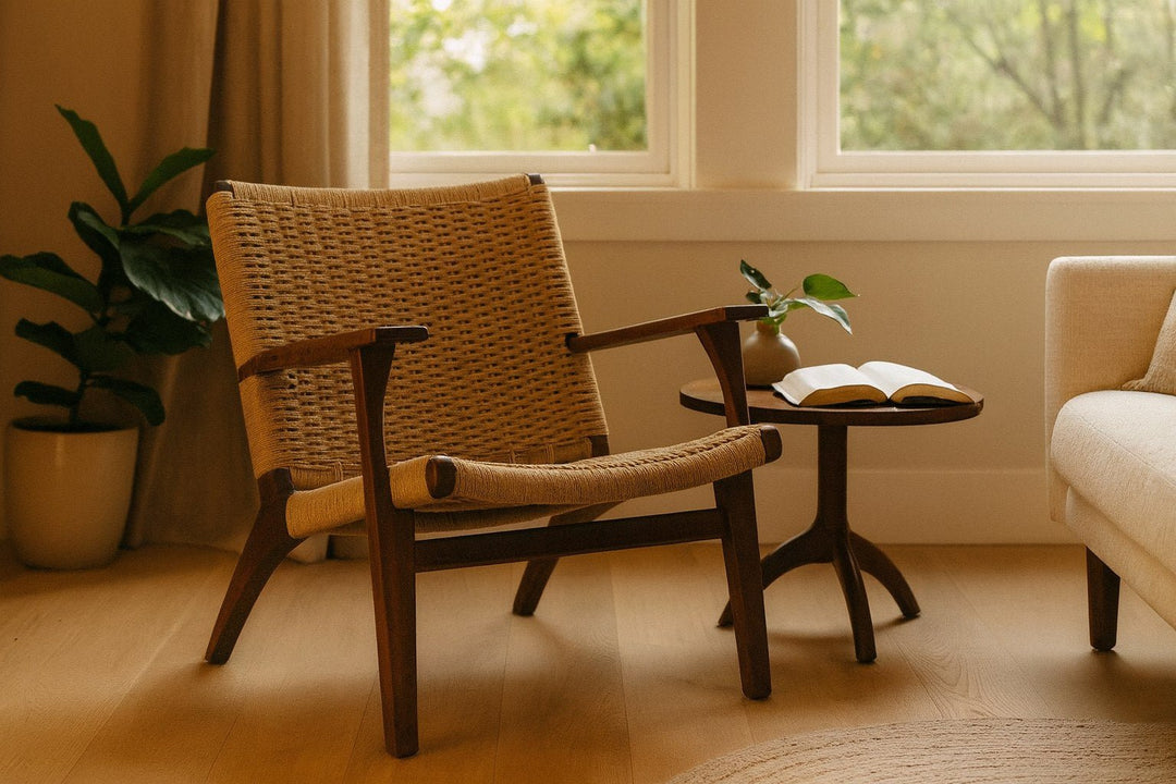 Drummond walnut &amp; woven danish-cord accent chair styled in a Pacific Northwest reading nook — What&
