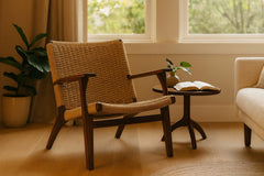 Drummond walnut &amp; woven danish-cord accent chair styled in a Pacific Northwest reading nook — What&