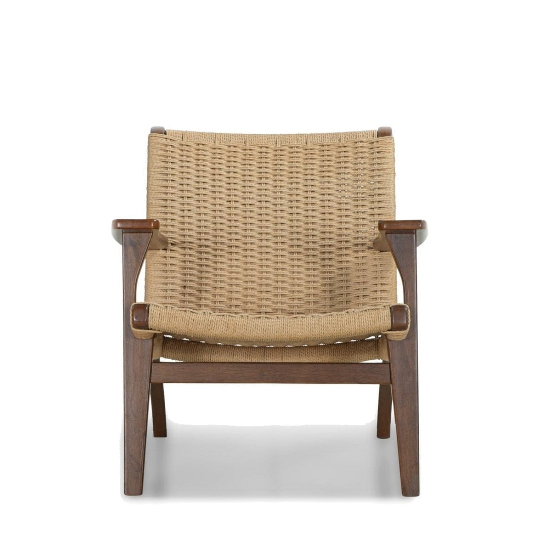 Drummond Accent Chair in walnut frame with woven danish cord — front view — What's New Furniture Portland