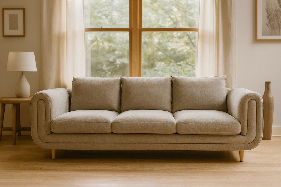 Fairhaven 3-Seater Sofa in Dine Latte greige styled in a Pacific Northwest living room — What&