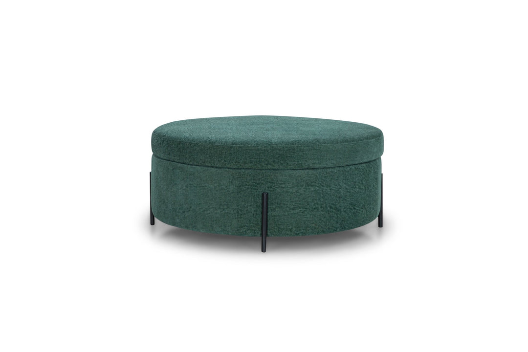 Fulton Round Storage Ottoman in emerald green — side view — What&